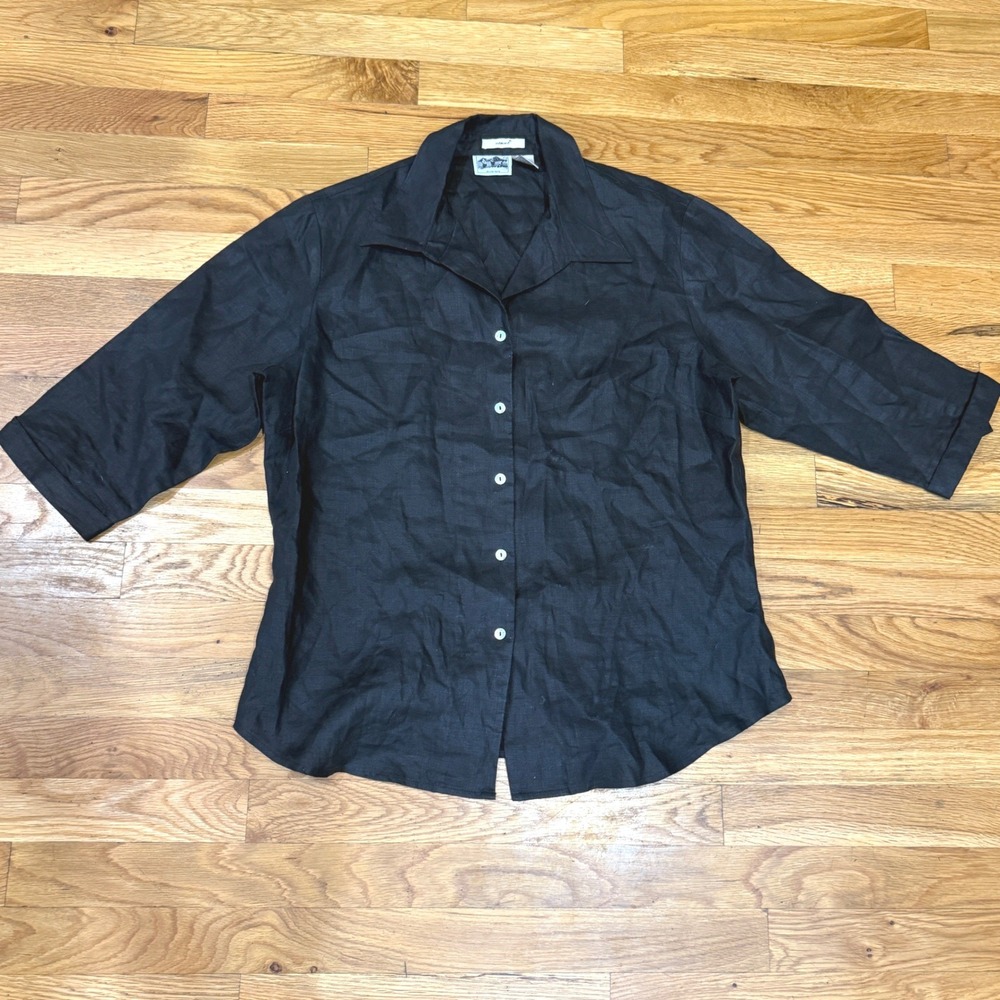 Edward Black 100% Irish Linen Button Down Shirt 3/4 Sleeve XL Cuffed Minimalist
